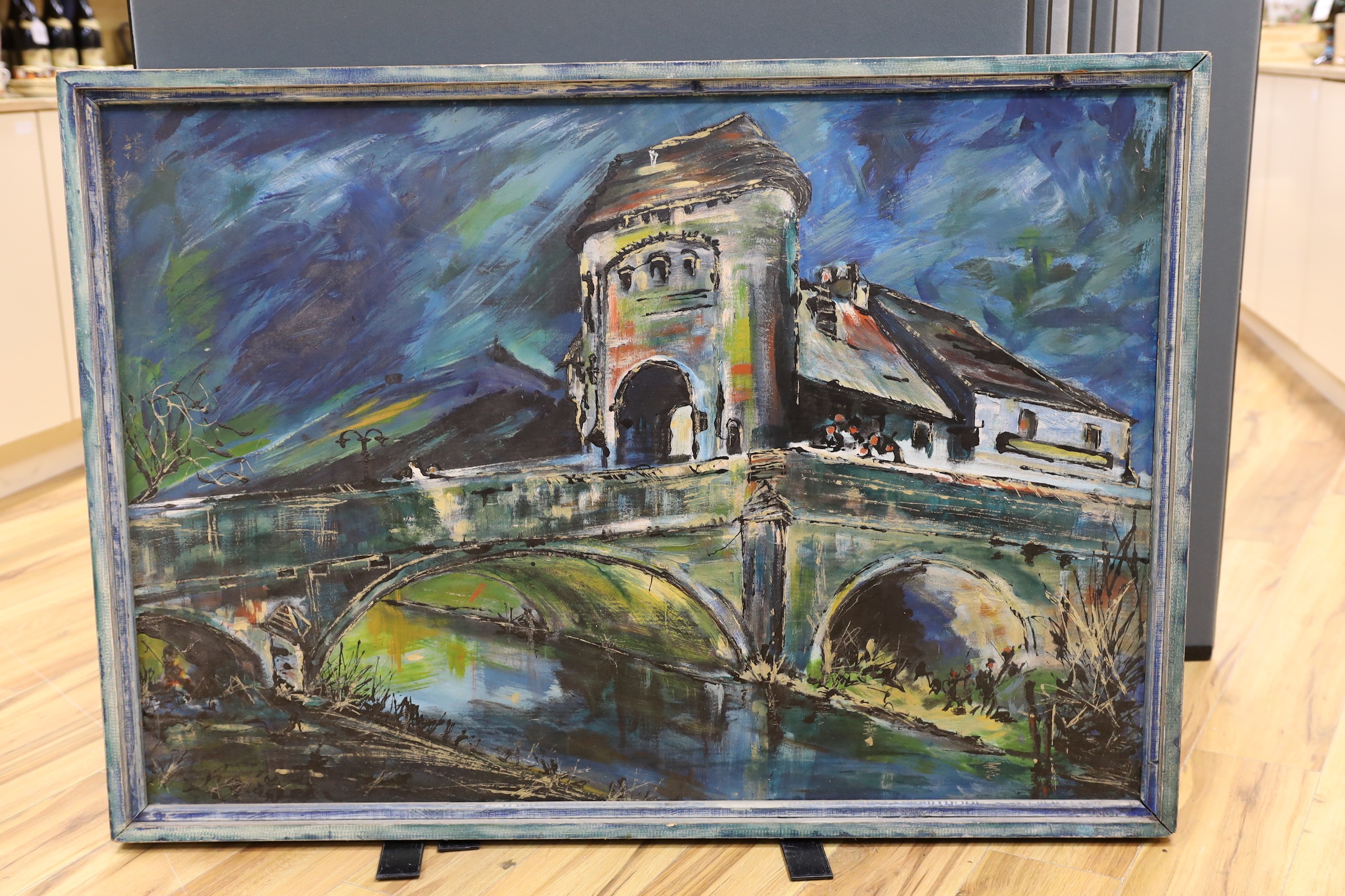 20th century French School, oil on board, Figures beside a river bridge, 83 x 120cm
